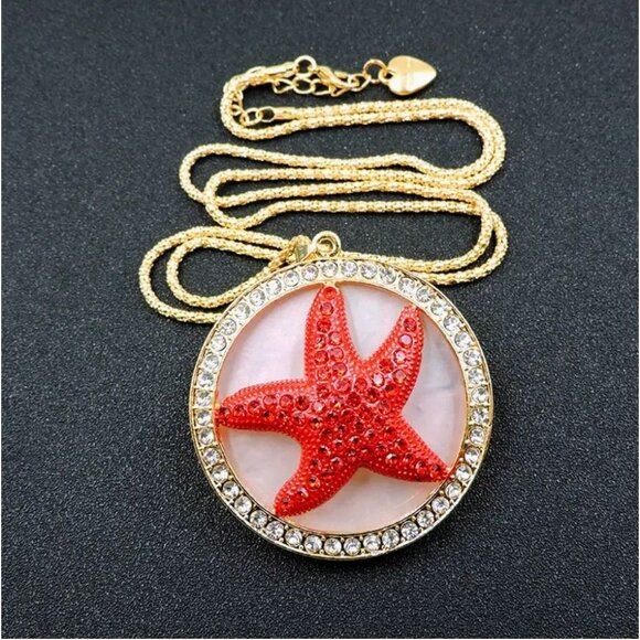 Jewelry - Betsey Johnson Necklace Red Crystal Starfish Pendant Gold Tone